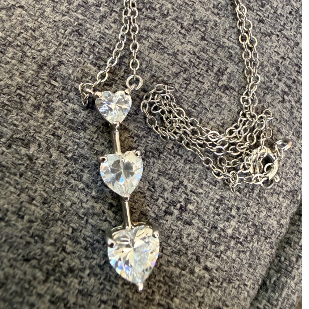 925 Sterling Silver Triple Heart CZ Drop Necklace 16 Inch Chain Cubic Zirconia